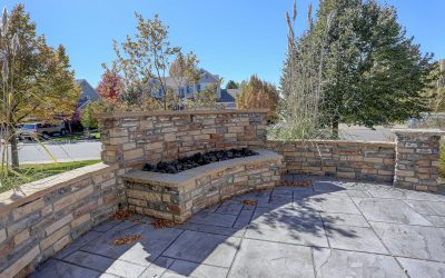 Beautiful residential secluded front patio on suburban street with firepit